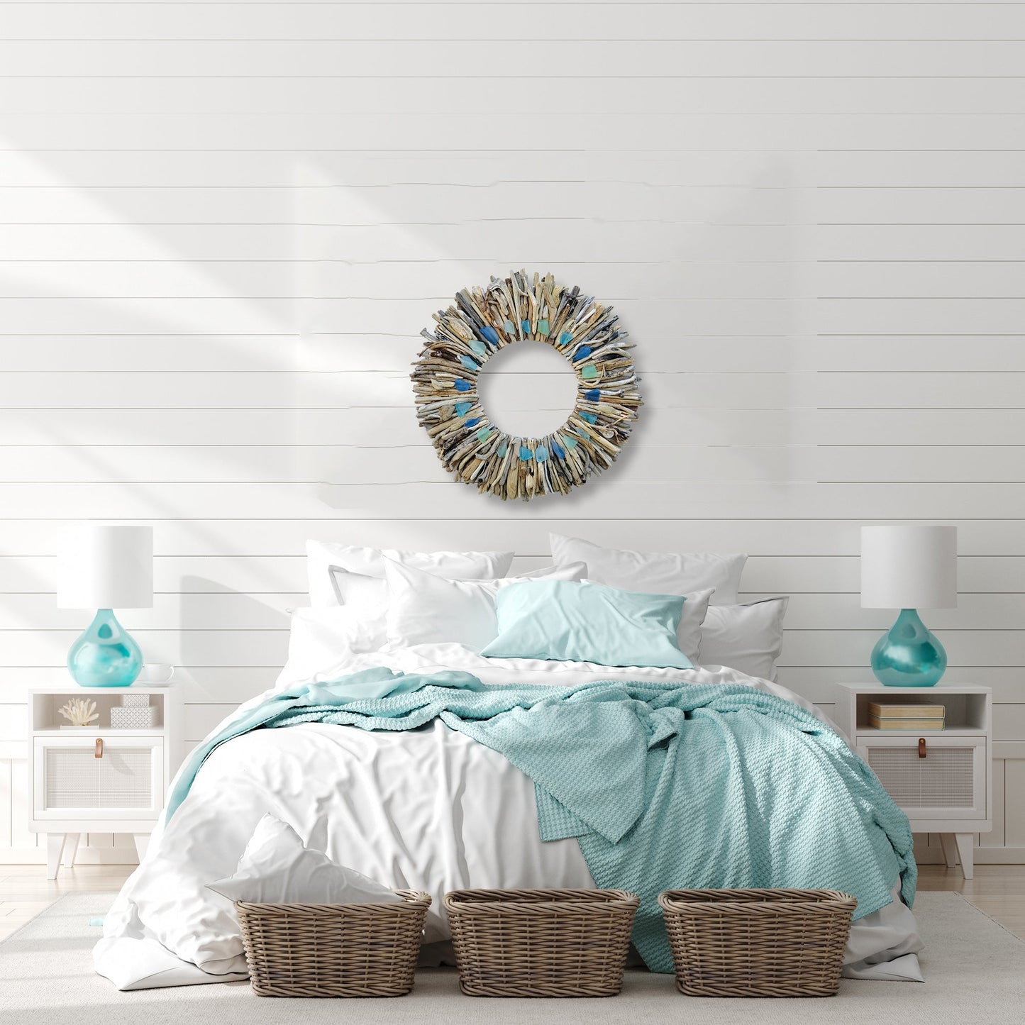 Driftwood Wreath with Aqua Turquoise & Light Blue Sea Glass Accents 12" - 16" - 20”