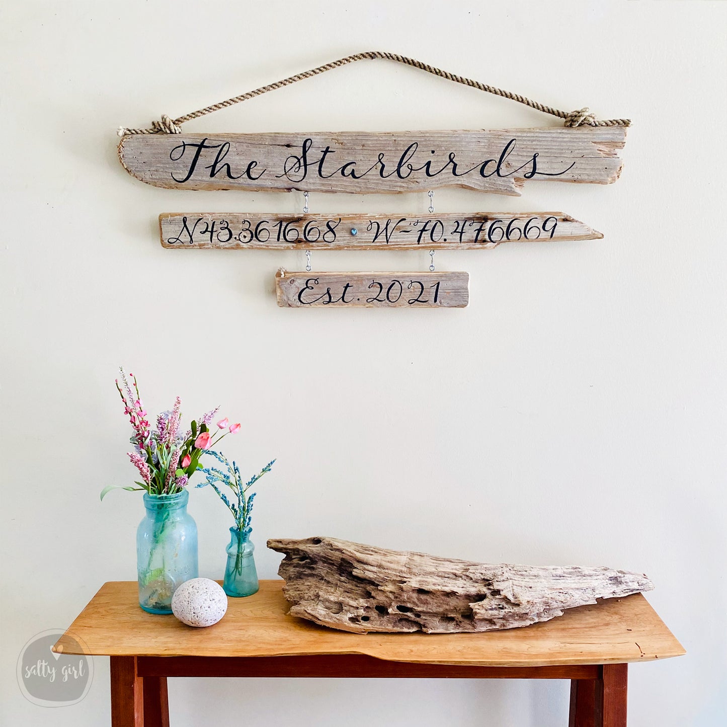 Custom 3-Tiered Driftwood Sign  - Personalized Sign with Fishing Rope Hanger - Hand Painted Sign