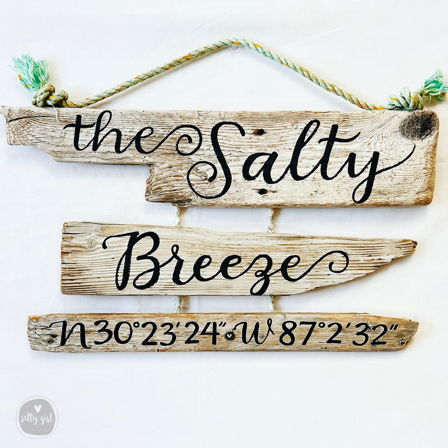 Custom 3-Tiered Driftwood Sign  - Personalized Sign with Fishing Rope Hanger - Hand Painted Sign