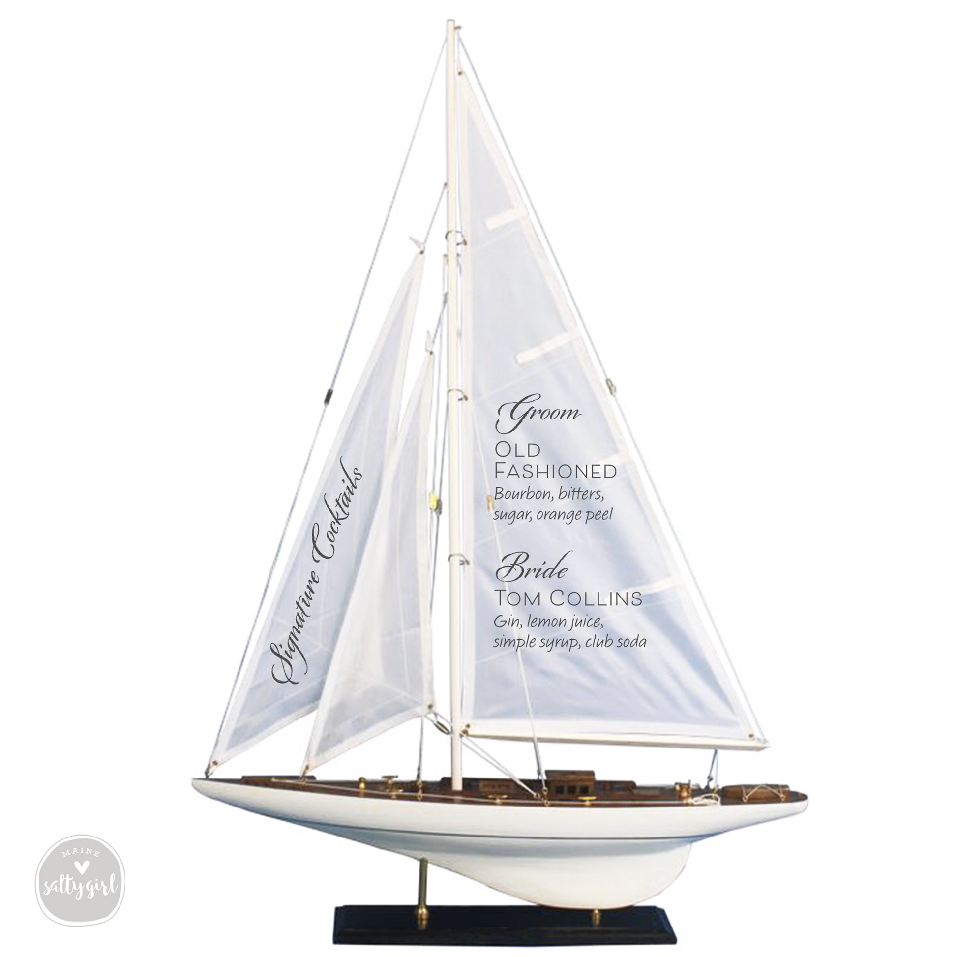 Hand-Lettered Model Sailboat Bar Menu – Custom Wedding Decor - Maine Salty Girl -   20" L x 4" W x 27" H / Main Sail