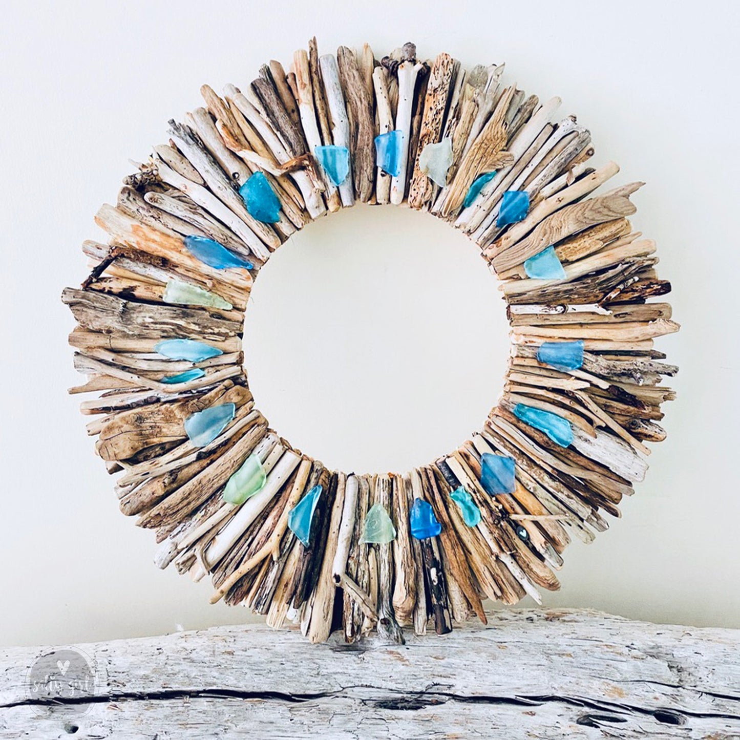 Driftwood Wreath with Aqua Turquoise & Light Blue Sea Glass Accents 12" - 16" - 20”