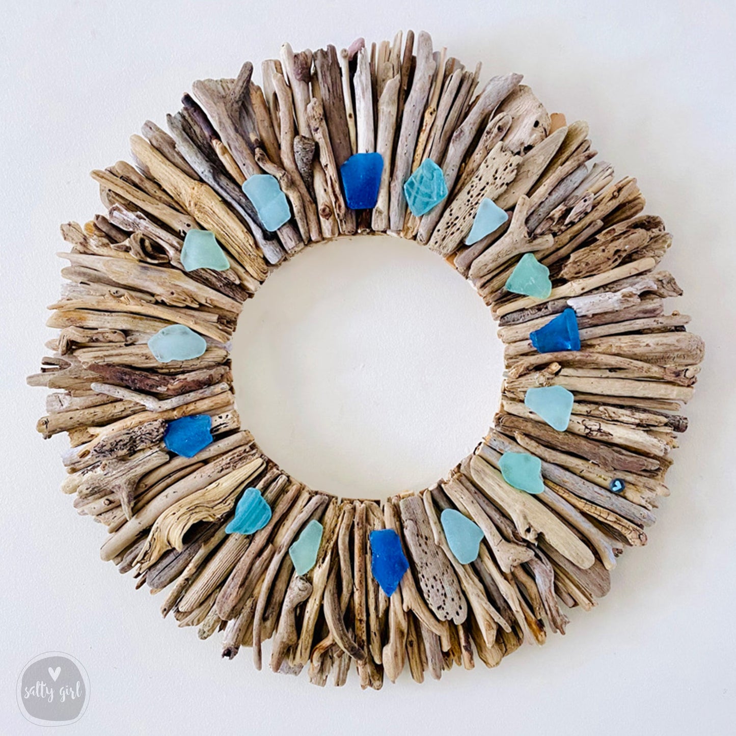 Driftwood Wreath with Aqua Turquoise & Light Blue Sea Glass Accents 12" - 16" - 20”