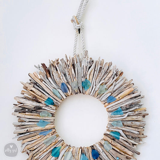 Driftwood Wreath with Aqua Turquoise & Light Blue Sea Glass Accents 12" - 16" - 20”