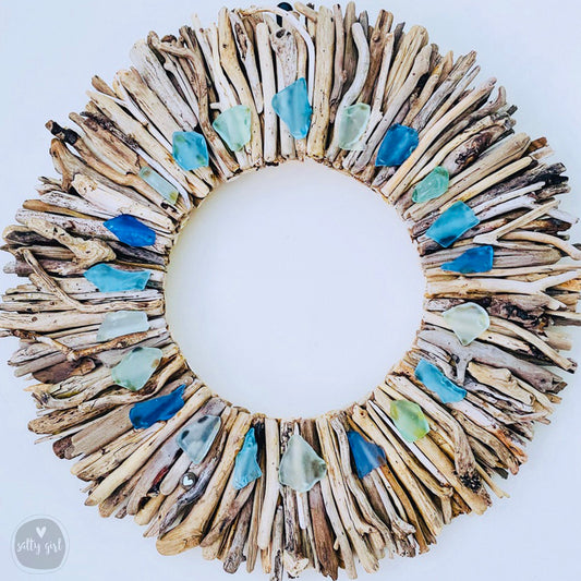 Driftwood Wreath with Aqua Turquoise & Light Blue Sea Glass Accents 12" - 16" - 20”