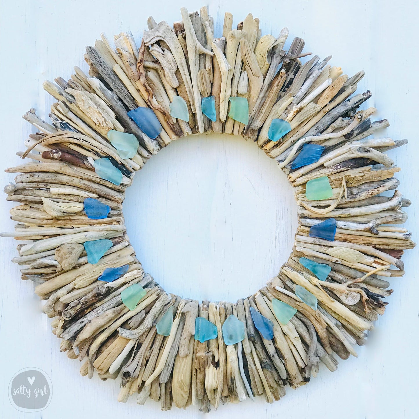 Driftwood Wreath with Aqua Turquoise & Light Blue Sea Glass Accents 12" - 16" - 20”