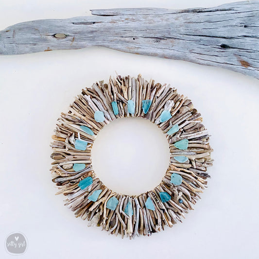 Driftwood Wreath with Shades of Aqua Sea Glass Accents - Sizes: 24" or 30"