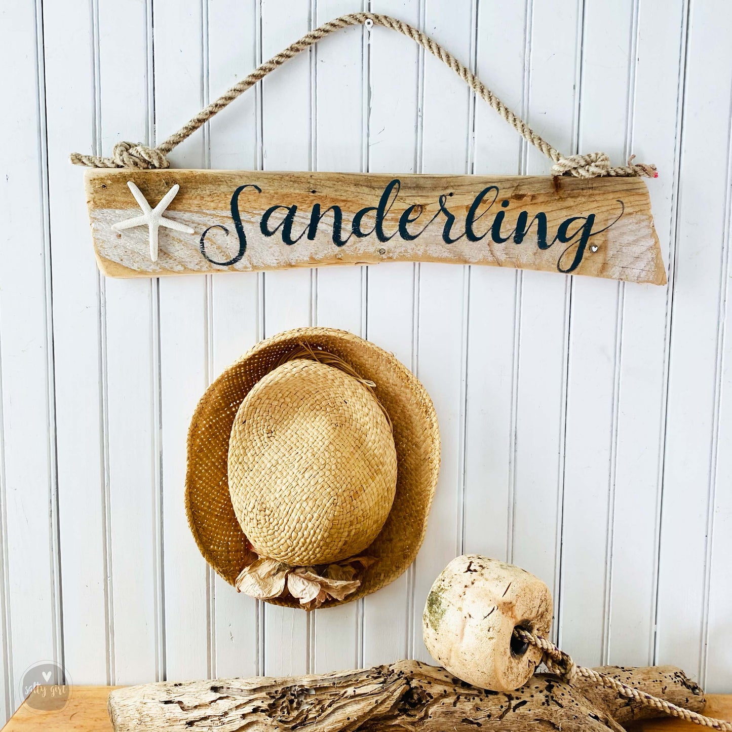 Custom Driftwood Sign with a Starfish and a Fishing Rope Hanger - Beach Inspired Hand Lettered Sign