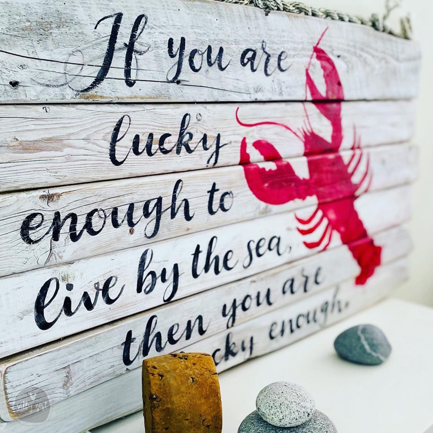 Coastal Driftwood Wall Art - Summer Cottage Sign - "If you are lucky enough to live by the sea" - Oversized Beach Themed Wall Art - Lobster Sign