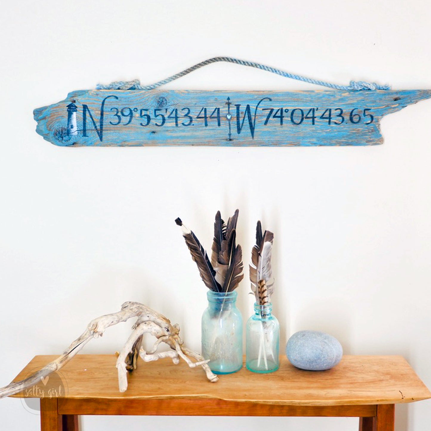 Custom Driftwood Longitude & Latitude Sign - Wooden Coordinates Sign with Graphics - Personalized Location Sign with Rope Hanger