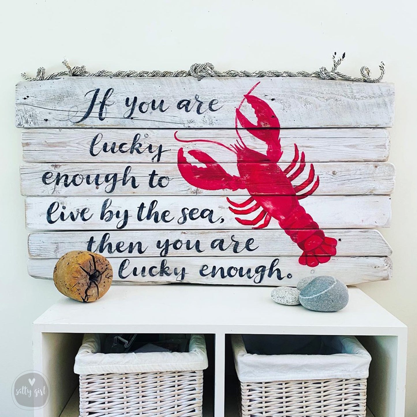 Coastal Driftwood Wall Art - Summer Cottage Sign - "If you are lucky enough to live by the sea" - Oversized Beach Themed Wall Art - Lobster Sign