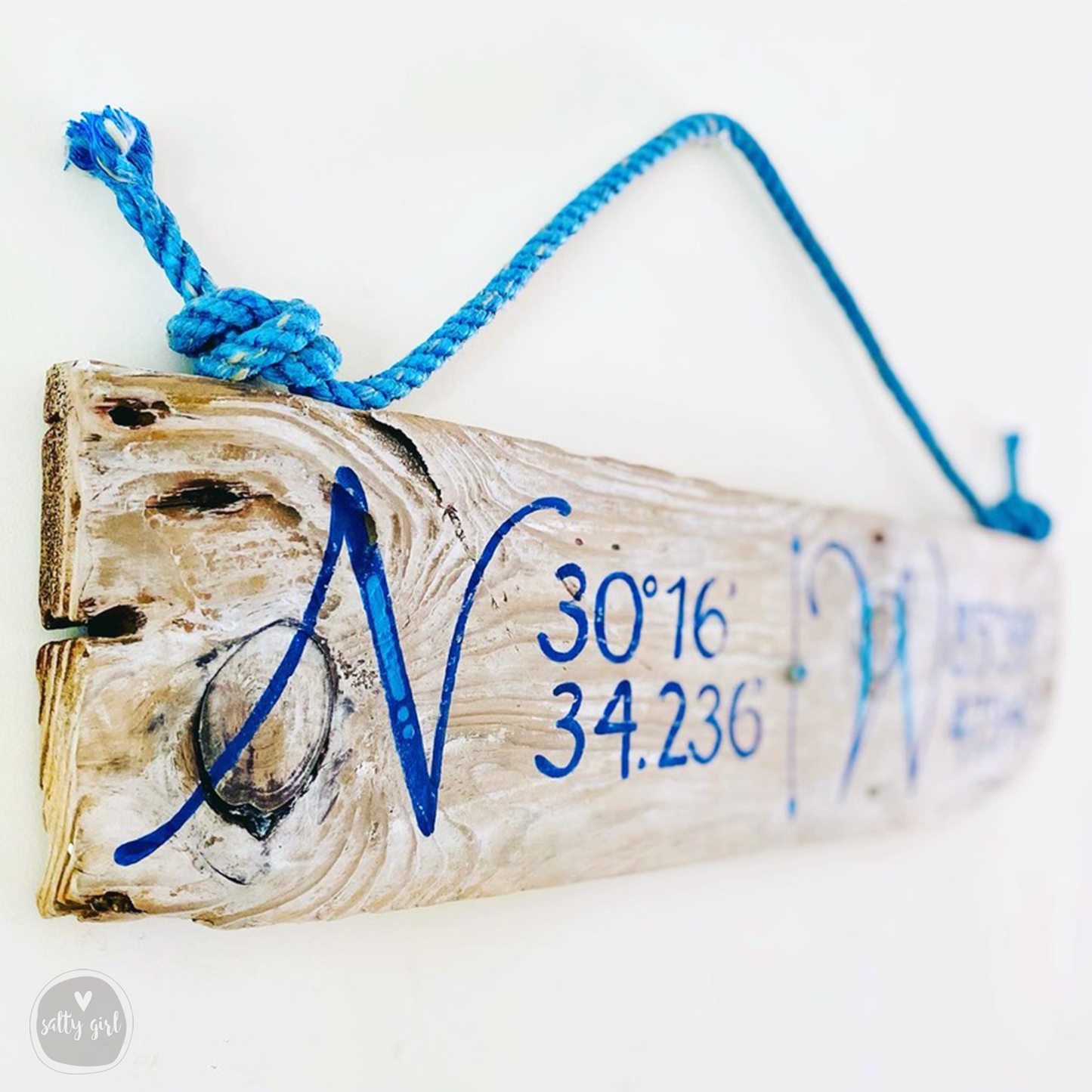 Custom Longitude & Latitude Driftwood Sign - Personalized Coordinates Sign with Fishing Rope Hanger - Hand Painted Location Sign
