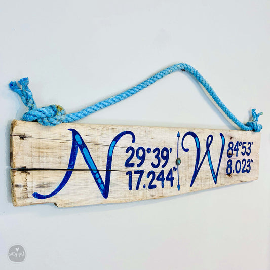 Custom Longitude & Latitude Driftwood Sign - Personalized Coordinates Sign with Fishing Rope Hanger - Hand Painted Location Sign