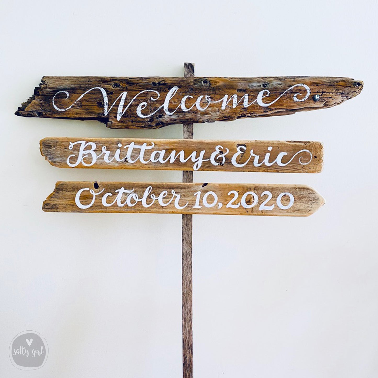 Personalized Coastal Wedding Signs | Custom Driftwood Signs on Post