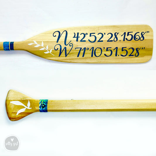 Custom Canoe Paddle with Hand- Painted Coordinates - Lake House Wall Art
