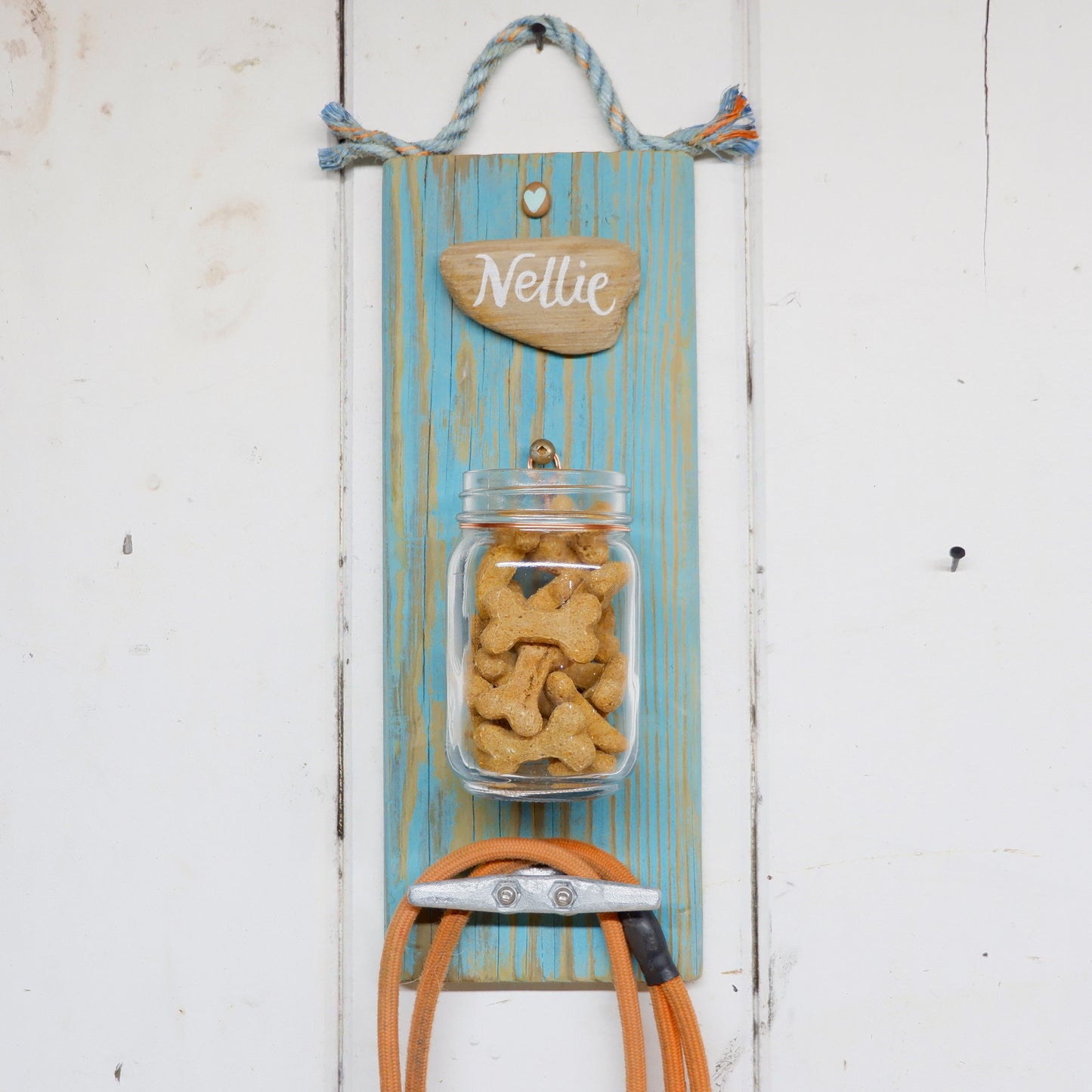 Personalized Dog Leash Holder Rack with Treat Jar