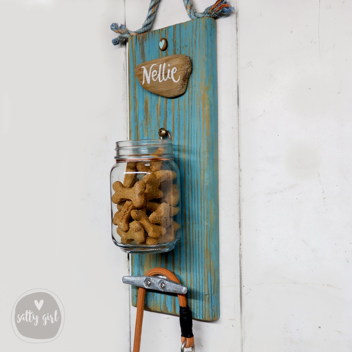 Personalized Dog Leash Holder Rack with Treat Jar
