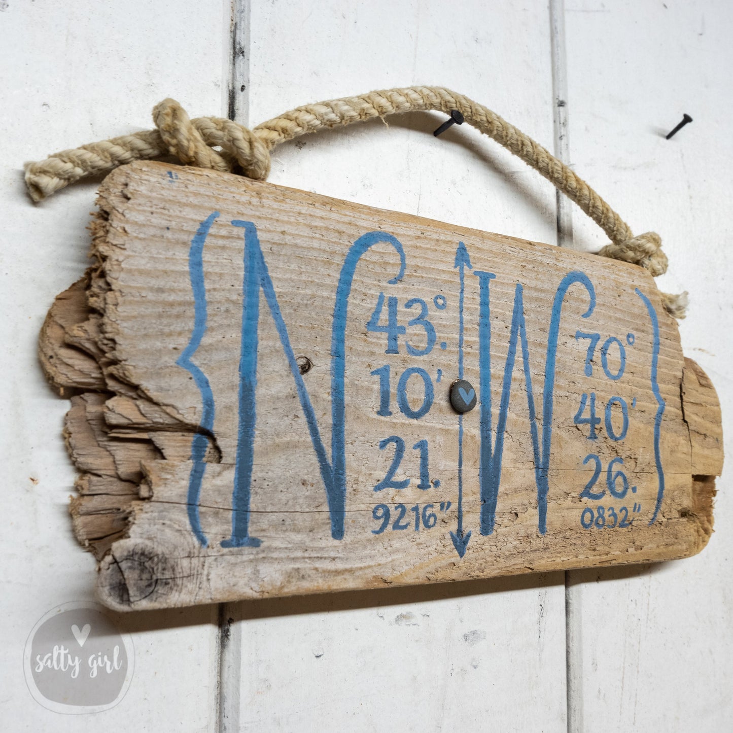 Custom Longitude & Latitude Driftwood Sign - Personalized Coordinates Sign with Fishing Rope Hanger - Hand Painted Location Sign