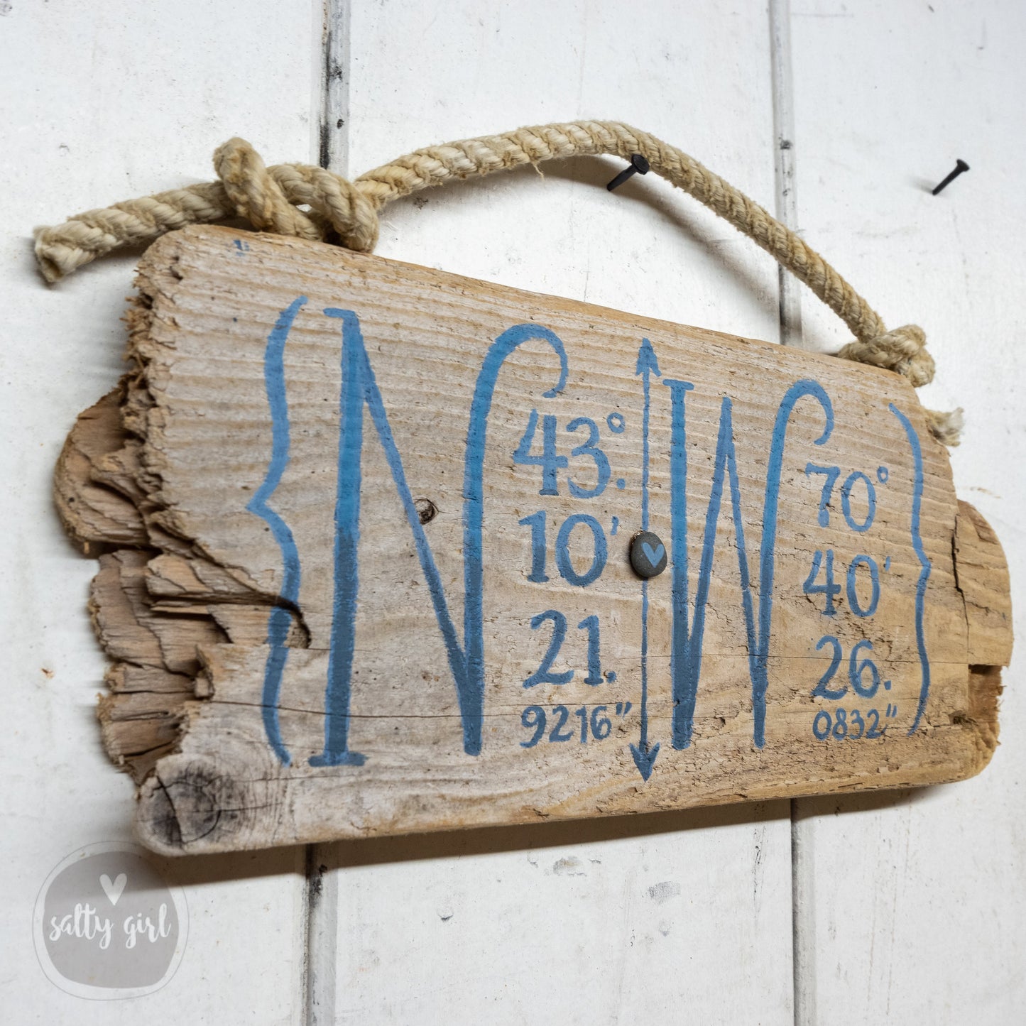 Custom Longitude & Latitude Driftwood Sign - Personalized Coordinates Sign  with Fishing Rope Hanger - Hand Painted Location Sign