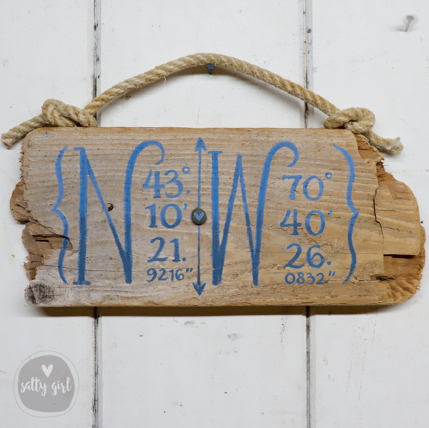 Custom Longitude & Latitude Driftwood Sign - Personalized Coordinates Sign  with Fishing Rope Hanger - Hand Painted Location Sign