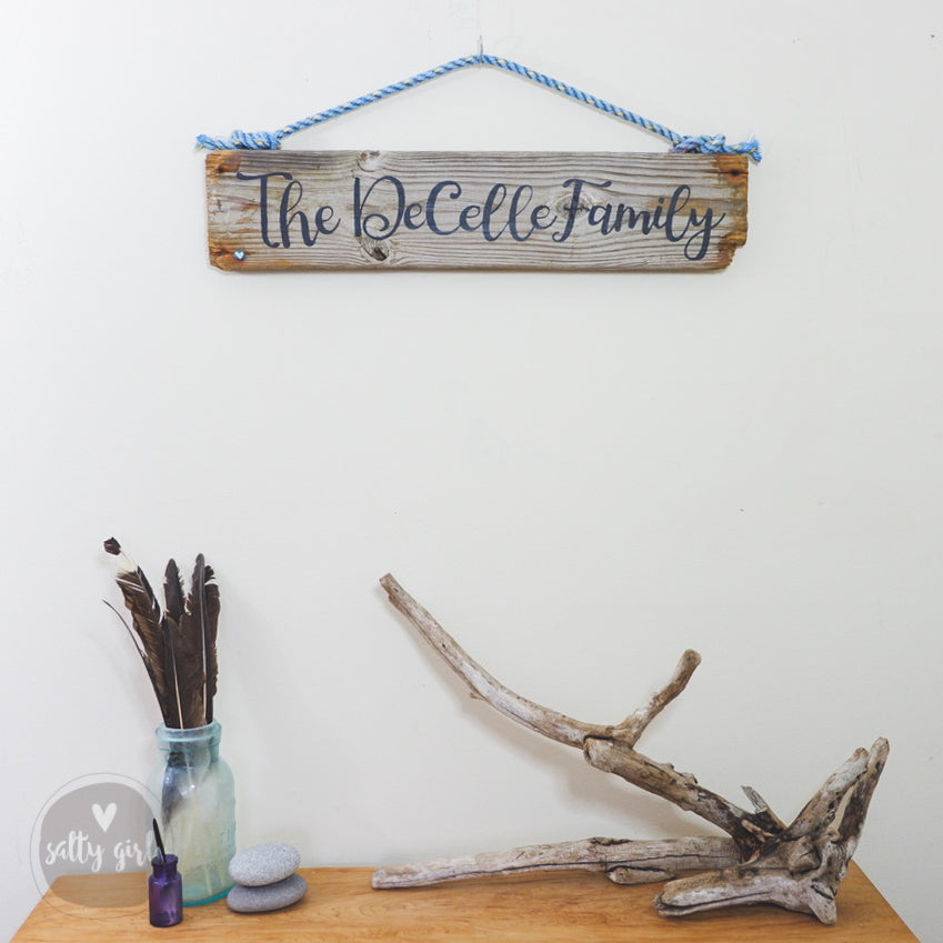 Custom Driftwood Sign - Personalized Sign with Fishing Rope Hanger - Beach Inspired Hand Lettered Sign