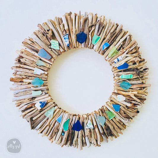 Driftwood Wreath - Boho Style with Beach Pottery and Sea Glass Accents - Sizes 12" - 16" - 20”