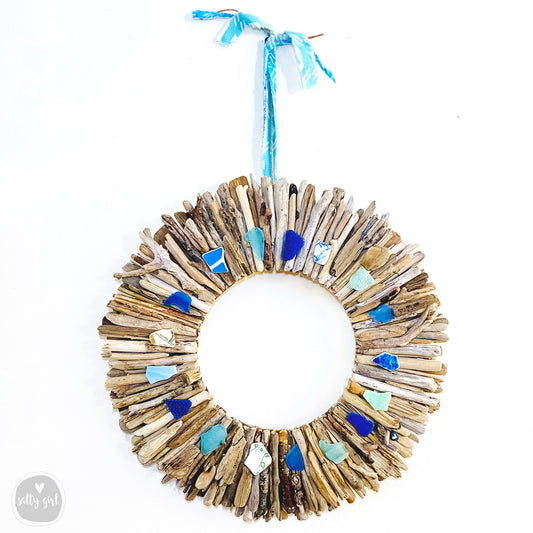 Driftwood Wreath - Boho Style with Beach Pottery and Sea Glass Accents - Sizes 12" - 16" - 20”