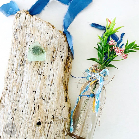 Driftwood Hanging Wall Vase with Antique Bottle and Sea Glass or Beach Stone Knob