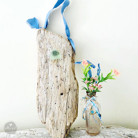 Driftwood Hanging Wall Vase with Antique Bottle and Sea Glass or Beach Stone Knob