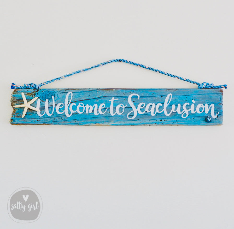 Custom Driftwood Sign with a Starfish and a Fishing Rope Hanger - Beach Inspired Hand Lettered Sign