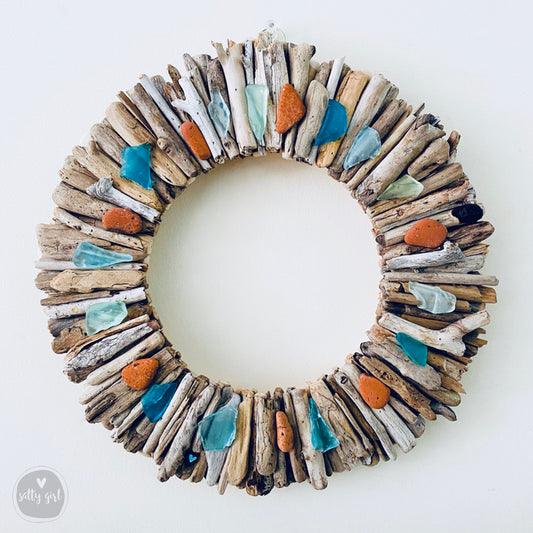 Driftwood Wreath with Maine Beach Brick & Aqua Sea Glass Accents - Sizes 12" - 16" - 20”