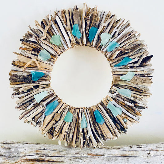 Driftwood Wreath with Shades of Aqua Sea Glass - Sizes 12" - 16" - 20”