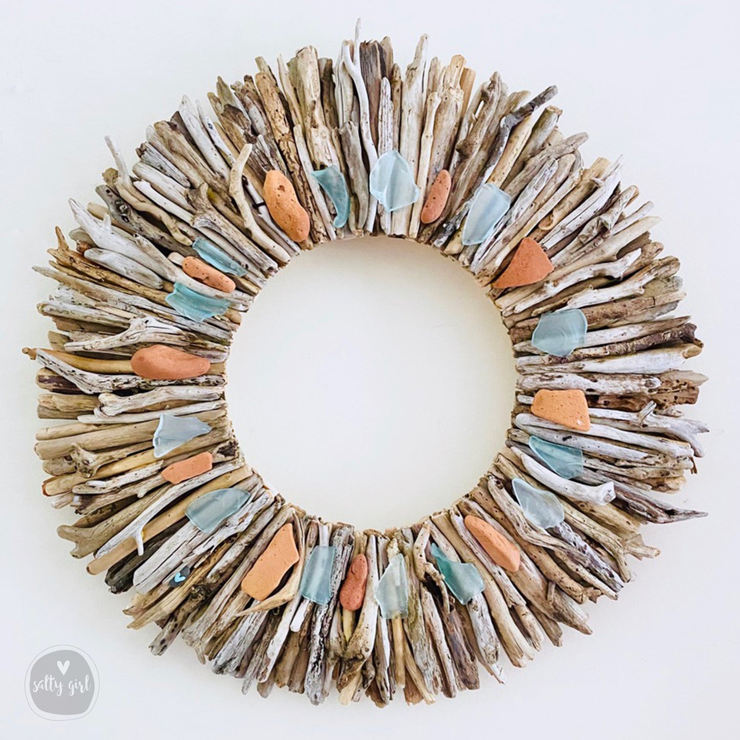 Driftwood Wreath with Maine Beach Brick & Aqua Sea Glass Accents - Sizes 12" - 16" - 20”