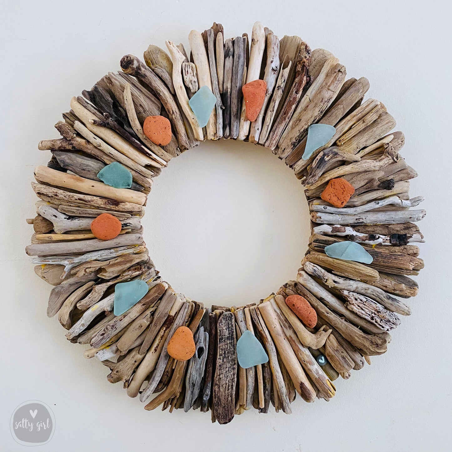 Driftwood Wreath with Maine Beach Brick & Aqua Sea Glass Accents - Sizes 12" - 16" - 20”