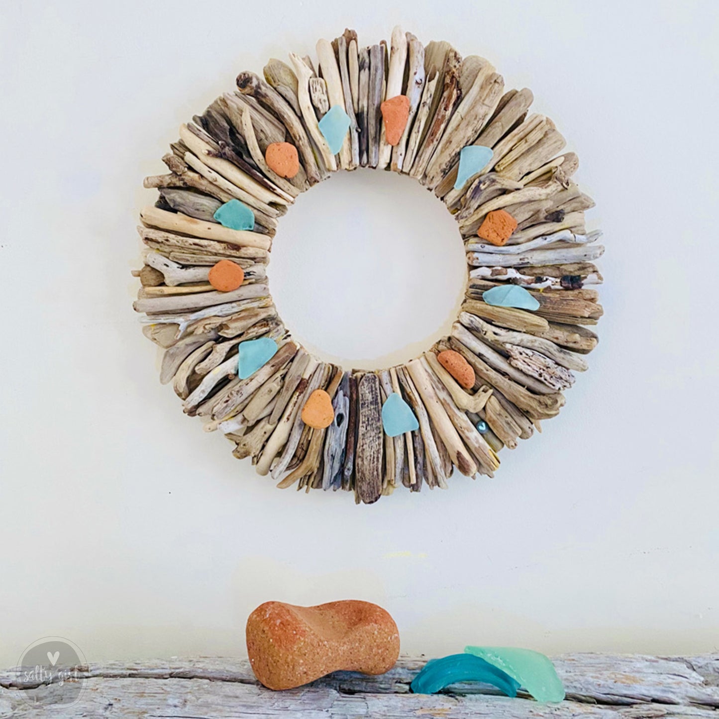 Driftwood Wreath with Maine Beach Brick & Aqua Sea Glass Accents - Sizes 12" - 16" - 20”