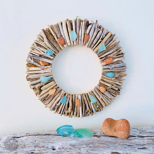 Driftwood Wreath with Maine Beach Brick & Aqua Sea Glass Accents - Sizes 12" - 16" - 20”