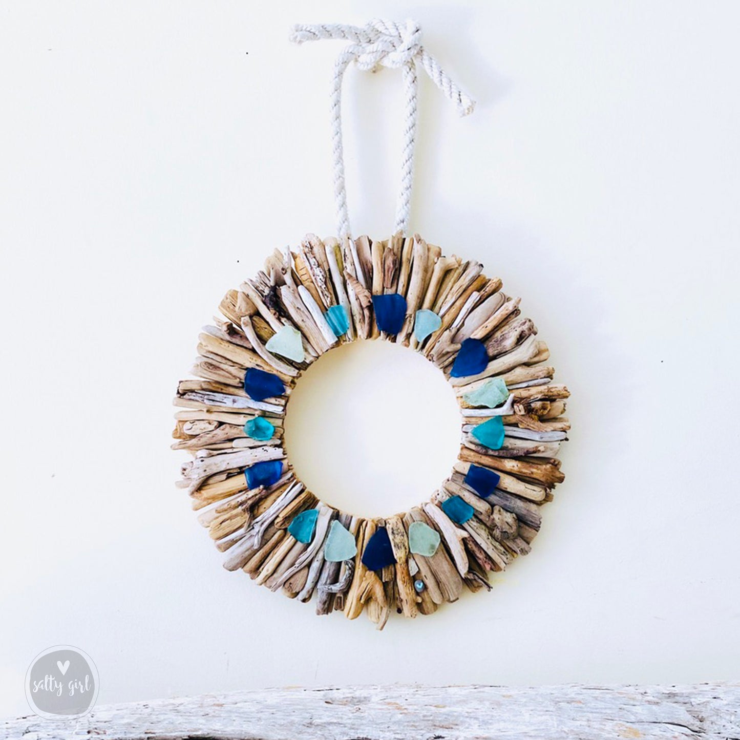 Driftwood Wreath with Cobalt Blue & Aqua Sea Glass Accents