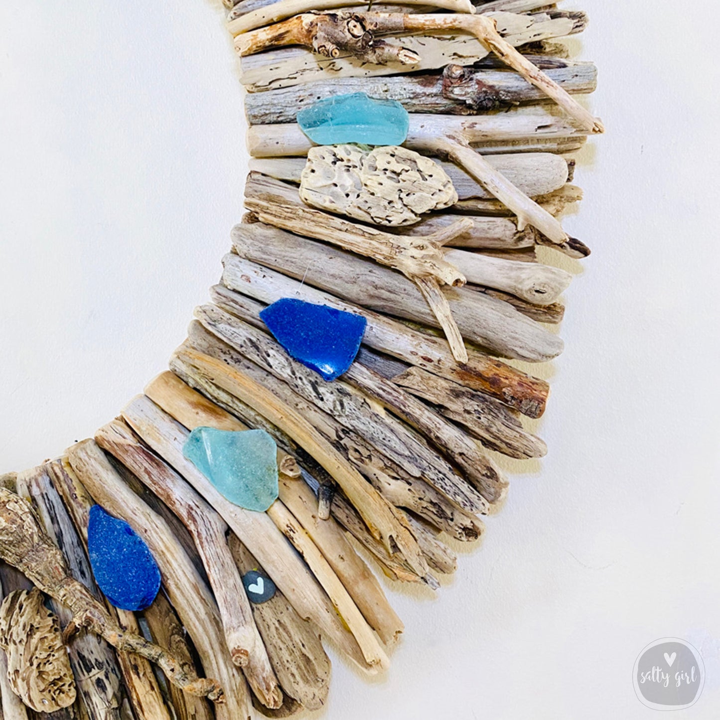 Driftwood Wreath with Cobalt Blue & Aqua Sea Glass Accents