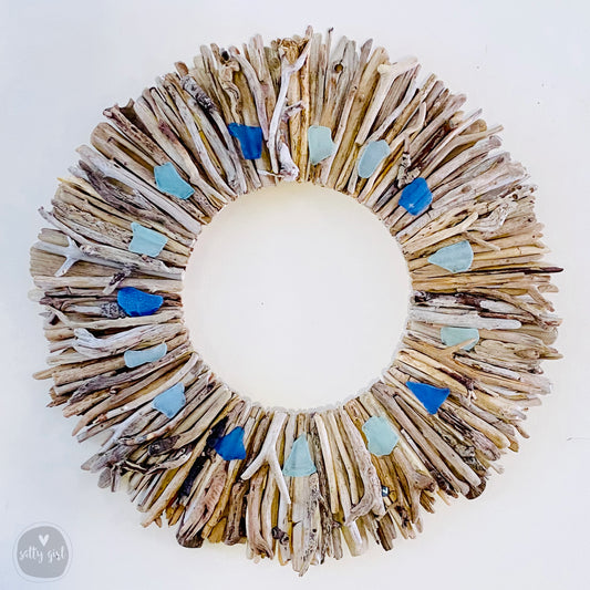 Driftwood Wreath with Cobalt Blue & Aqua Sea Glass Accents