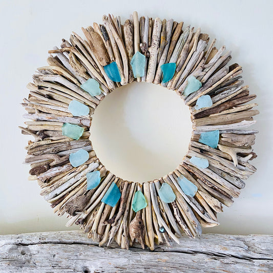 Driftwood Wreath with Shades of Aqua & Sea Foam Sea Glass - Sizes 12" - 16" - 20”