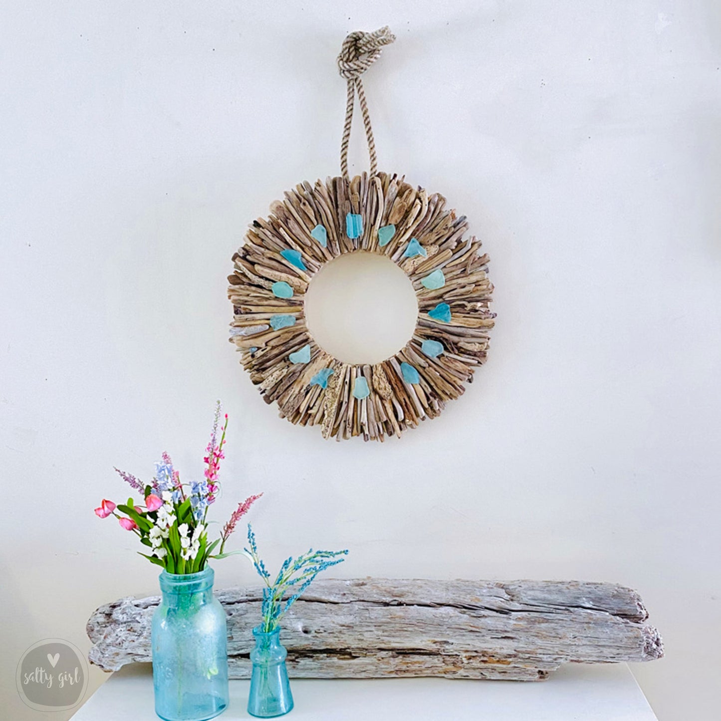 Driftwood Wreath with Shades of Aqua Sea Glass - Sizes 12" - 16" - 20”