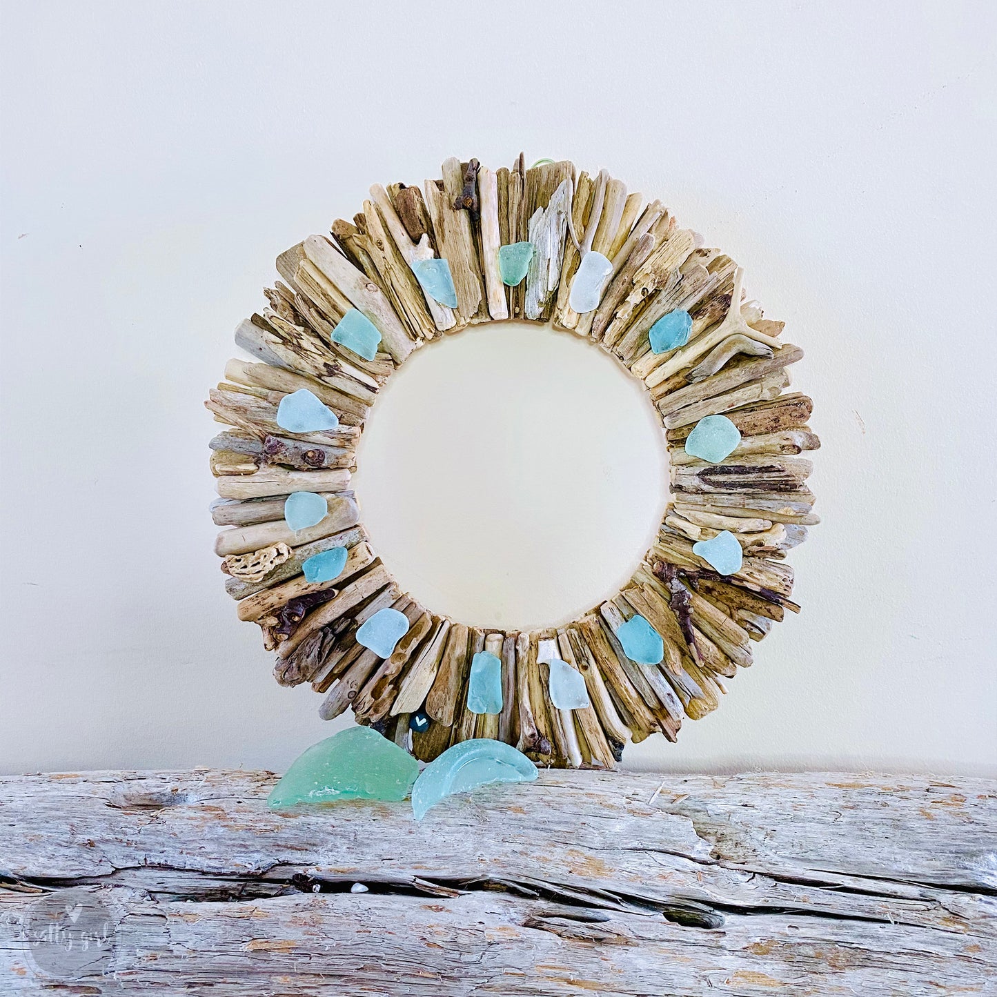 Driftwood Wreath with Shades of Aqua Sea Glass - Sizes 12" - 16" - 20”