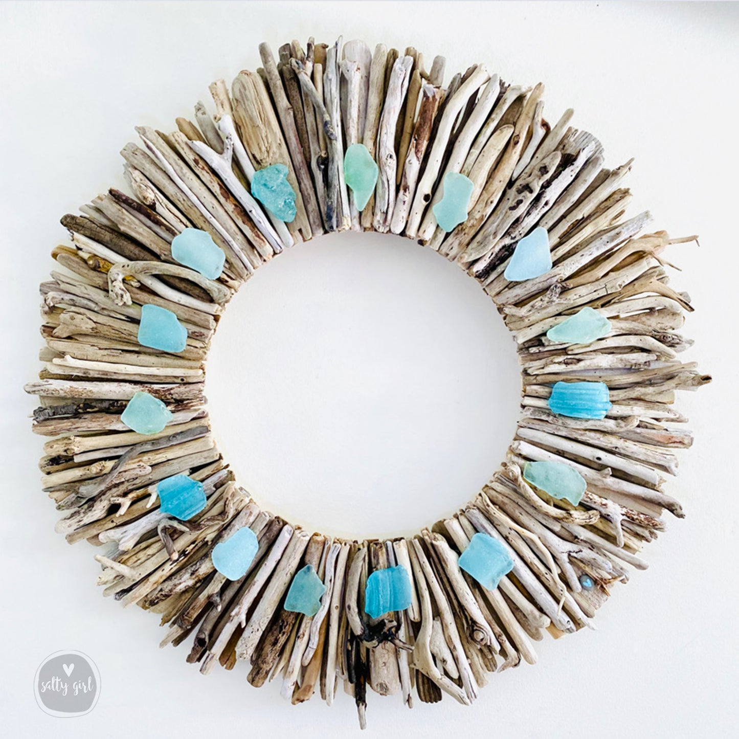 Driftwood Wreath with Shades of Aqua Sea Glass - Sizes 12" - 16" - 20”