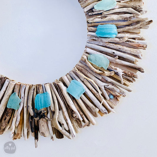 Driftwood Wreath with Shades of Aqua Sea Glass - Sizes 12" - 16" - 20”