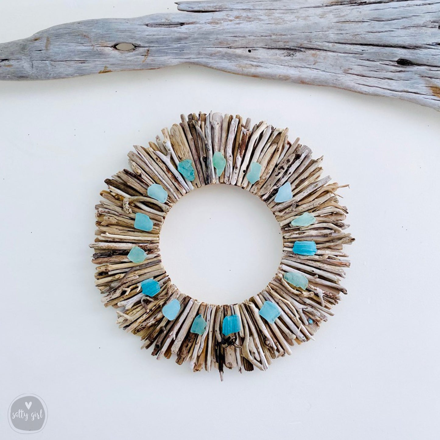 Driftwood Wreath with Shades of Aqua Sea Glass - Sizes 12" - 16" - 20”
