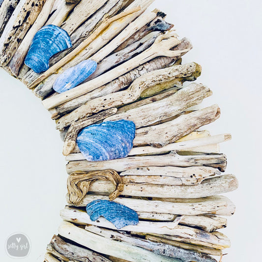 Driftwood Wreath with Indigo Blue Maine Mussel Shell Accents - Sizes 12" - 16" - 20”