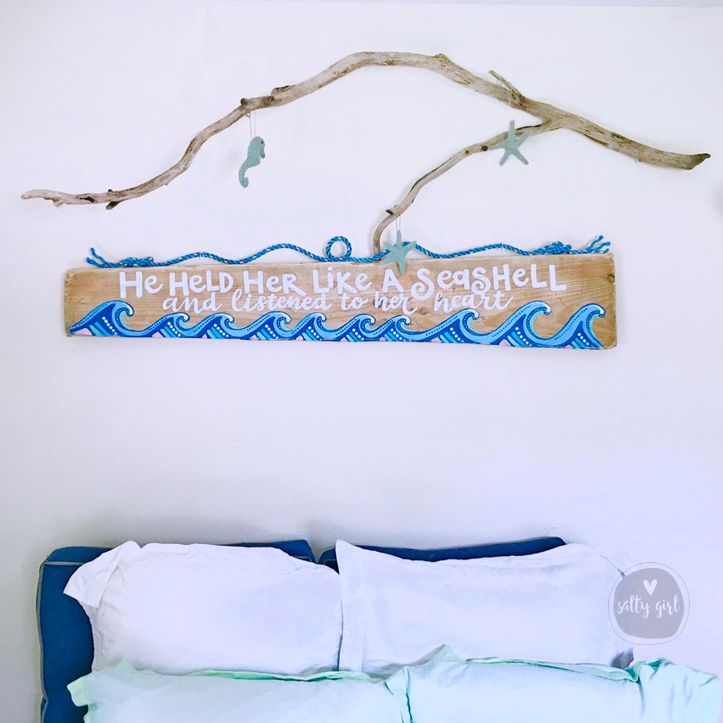 Custom Driftwood Sign with Waves - Personalized Sign with Fishing Rope Hanger - Beach Inspired Hand Lettered Sign