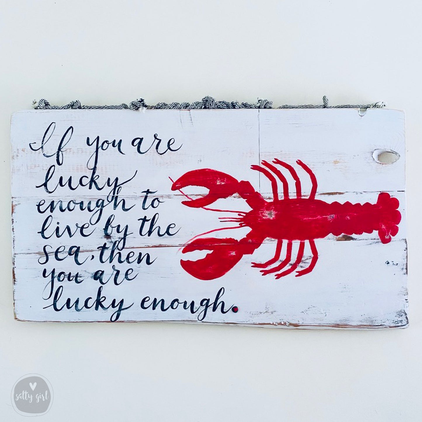 Coastal Driftwood Wall Art - Summer Cottage Sign - "If you are lucky enough to live by the sea" - Oversized Beach Themed Wall Art - Lobster Sign