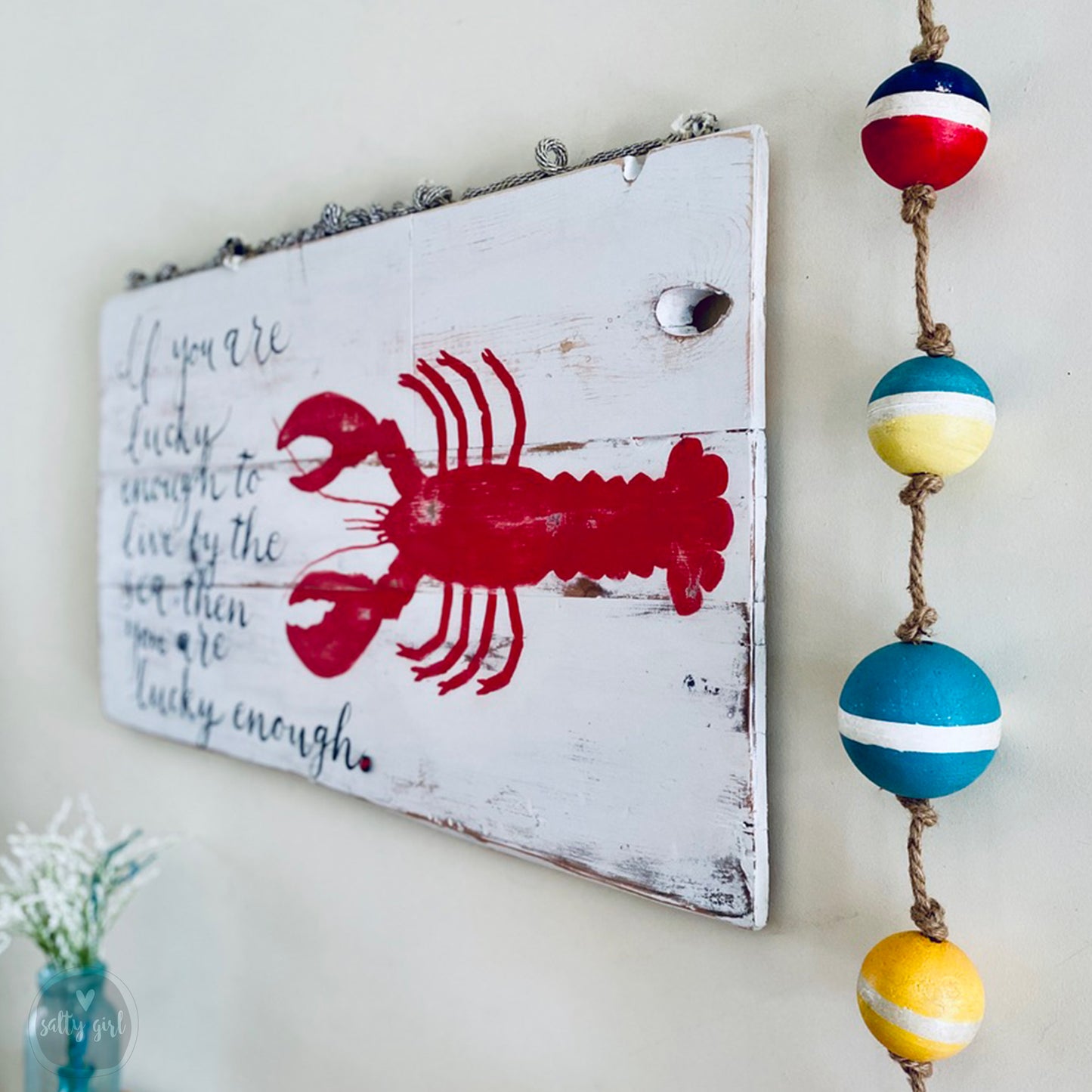 Coastal Driftwood Wall Art - Summer Cottage Sign - "If you are lucky enough to live by the sea" - Oversized Beach Themed Wall Art - Lobster Sign