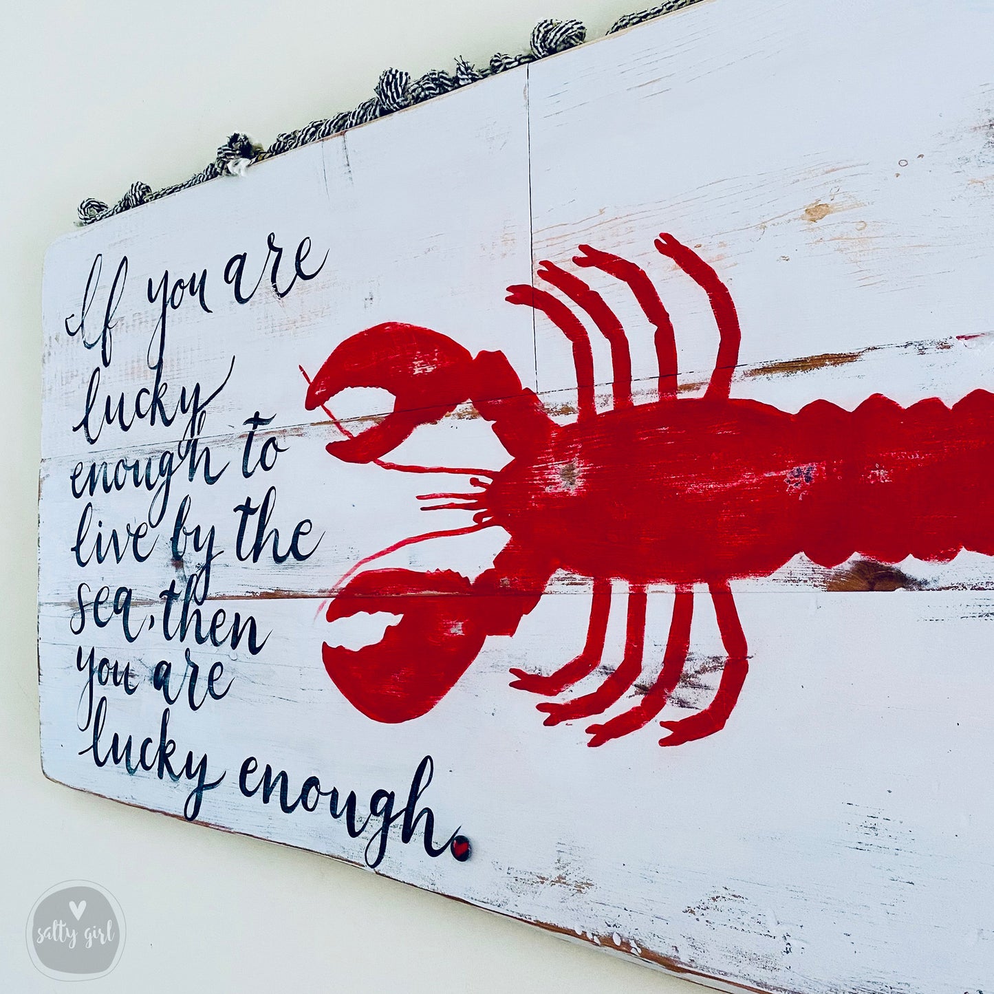 Coastal Driftwood Wall Art - Summer Cottage Sign - "If you are lucky enough to live by the sea" - Oversized Beach Themed Wall Art - Lobster Sign