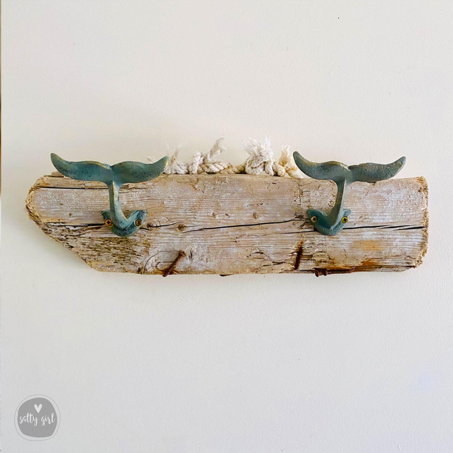 Driftwood Wall Rack with Iron Whale Tail Hooks